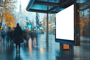 City street scene. People walking past modern bus stop with blank billboard. Wet sidewalk reflects city lights and vibrant colours. photo