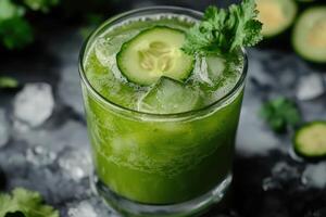 Green drink in glass with ice. Cucumber slice and cilantro garnish on beverage. Dark surface with ice cubes around drink. photo