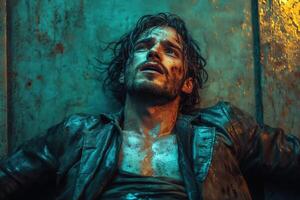 Distressed man looks up with wet hair near a wall. His shirt is open and he wears a jacket. photo