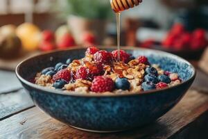 Oatmeal in blue bowl. Honey being poured on raspberries and blueberries. Healthy breakfast on wooden table. Fresh fruit and grains closeup. photo