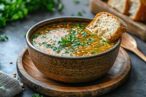 Lentil soup with fresh parsley in brown bowl. Bread slice in soup. Wooden plate and spoon near. Healthy food on dark background. photo