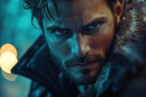 Close up portrait of a man. He has dark hair and a beard. Dramatic lighting. He is wearing a jacket with a fur collar. Dark mood. photo