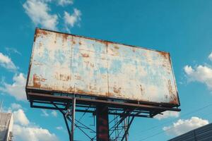 Weathered billboard structure stands against bright blue sky. Clouds dot the background of rusty old advertising space on metal framework. photo