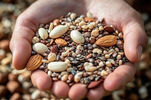 Close up of human hands holding a mix of nuts and seeds. Almonds, peanuts, and other nutritious snacks. Healthy eating concept. Blurred background. photo