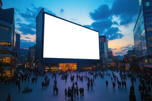 Crowd of people walking in a busy city square with a large blank billboard at dusk with city buildings and cloudy sky. photo