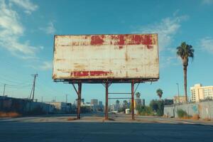 Rusty Billboard Frame Stands Tall Above a Paved Road on a Sunny Day in a City with Distant Buildings and Palm Trees photo
