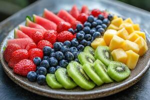Variety of fresh colorful fruits on plate. Healthy eating with watermelon strawberries blueberries kiwi and mango. Selective focus. Close up. photo