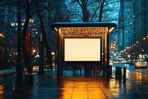 Illuminated bus stop with blank billboard in urban street at night after rain. Reflections on pavement with blurred cars and buildings. photo