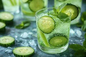 Refreshing drink in clear glass. Cucumber slices and mint garnish. Cold beverage with ice. Cool drink on stone surface. Healthy summer drink. photo