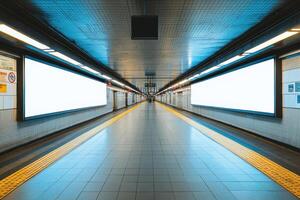 Empty subway platform with blank advertising billboards. Perspective view of tiled floor and textured walls in an underground train station with lights. photo