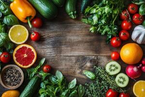 Fresh vegetables and fruits arranged on a rustic wood surface. Overhead shot of healthy food ingredients. Various vibrant produce displayed flat lay style. photo