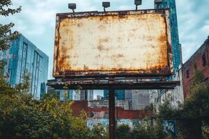 Old rusty billboard with blank space stands in an urban setting. Buildings and green foliage surround the sign under overcast sky. photo