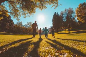 A parent and three children walk hand in hand across a sunny green field in a park. Trees surround them with bright sunshine. photo