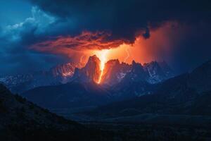 Dramatic landscape view of dark mountain range with bright lightning strikes during an orange sunset or sunrise under cloudy skies. photo