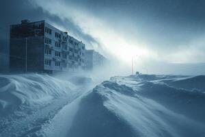 Snowy landscape with buildings. Severe winter storm blowing snow across road. Cold weather scene with snow drifts and overcast sky. Winter season. photo