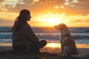 Woman sits cross legged with dog on beach. Ocean waves roll as sun sets, casting light across sand. Golden hour. photo
