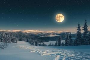 Winter landscape at night. Snow covered ground and trees. Full moon shining in starry sky. Mountain range in background. Footprints in snow. photo
