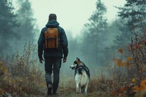 Man with backpack and dog walk away in forest. Foggy landscape with trees and plants in fall. Exploring nature on a hiking trail. photo