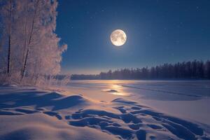 Full moon shines on winter landscape. Snow covered ground and frozen lake. Stars in dark blue night sky above distant trees. photo