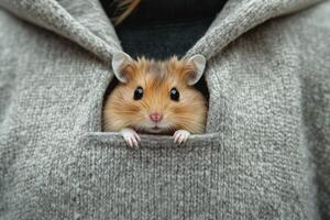 Small brown hamster looks out from inside grey knit sweater. Cute animal portrait with tiny hands and black eyes. Close up view. photo