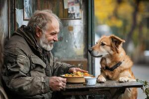 Man with gray hair and beard sits at a table. Brown dog rests paws on table looking at man eating food in dish. photo
