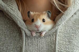 Small hamster peers out from a gray knit fabric. Tiny rodent with white and brown fur sits inside soft material looking forward. photo