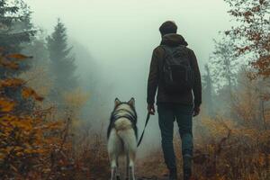 Man walks with dog on path. Misty forest with tall trees and autumn colors. Hiking through foggy woods with backpack. photo