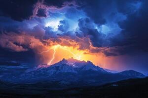 Mountain peaks under dramatic sky. Lightning strikes during a powerful thunderstorm. Dark blue clouds and bright orange light above scenic landscape. photo