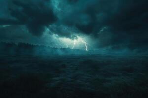 Dark storm clouds above a misty field with trees. Bright lightning strikes in the distance. Dramatic sky and landscape at night. photo