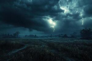 Dark storm clouds with lightning strikes over a field of tall grass near distant buildings during a rainy evening showing powerful weather photo