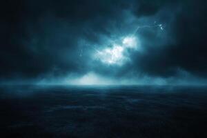 Dark ocean water under stormy sky with lightning flash. Rough sea surface and heavy clouds. Dramatic weather background. Thunder and rain concept. photo