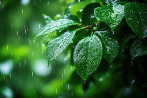 Rain falls onto vivid green leaves. Water droplets cling to foliage. Bright daylight after storm creates contrast and depth. photo