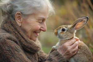 Smiling older woman in warm sweater holds a light brown rabbit. Close up view of animal and person looking at each other outdoors. photo