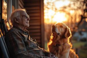 Senior man in glasses sits with golden retriever dog. Sunset light shines on house porch. Old man enjoys golden hour with pet companion. photo