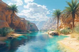 Clear turquoise river flows between cliffs. Palm trees stand near sandy beaches and rocky mountains under bright blue sky with fluffy clouds. photo