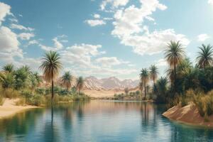 Tranquil lake reflects palm trees under blue cloudy sky in arid landscape with desert mountains in the distance in warm sunlight photo