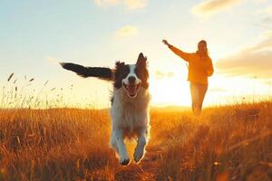 Happy dog runs fast through tall golden grass during sunset. Figure in distance with raised arm. Warm light and sky. photo