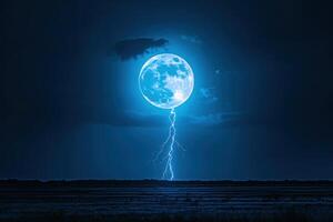 Bright full moon shines above dark field. Lightning strikes down from the moon in the blue night sky. Stormy dark weather. photo