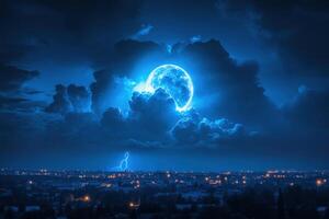 Glowing full moon over city at dark night. Lightning strikes near the town. Dark blue clouds in the night sky. photo