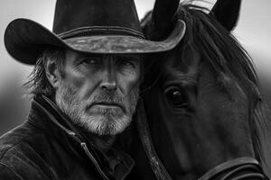 Monochrome image of a man with a hat next to a horse. Close up portrait of face. Horse eye in focus. Outside. Rugged look. photo