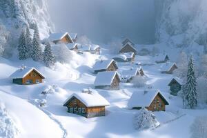 Wooden Houses stand on Snowy Hillside. Winter Landscape in Mountain Village. Snow Covered Roofs in Alps. Trees Bordering Small Homes. Alpine Scene. photo