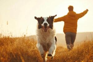 Happy dog running toward camera in golden field. Person runs behind with arms open. Warm sunshine background on nature landscape. photo