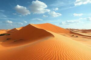 Desert landscape view with sand dunes. Blue sky with clouds above the arid land. Sand texture with ripple patterns on the slope. photo