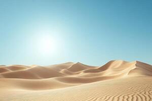 Sand dunes landscape under a clear blue sky. Sunny desert scenery with golden sand ridges and textured surface. Serene, tranquil arid environment. photo