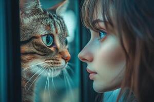 Tabby cat looking through glass. Side view of woman looking at cat. Soft light on face. Beautiful green eyes and stripes photo