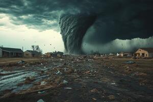 Large tornado destroys houses in a residential area. Strong winds and storm clouds create a powerful and destructive weather event. Dark and ominous atmosphere. photo