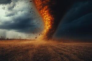 Large tornado twisting across dry field during storm. Debris swirling in the air. Dark ominous clouds in the background. Destructive weather event. photo