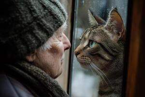 Elderly individual with hat looks towards a tabby cat through the glass. The cat also stares toward the individual indoors. photo