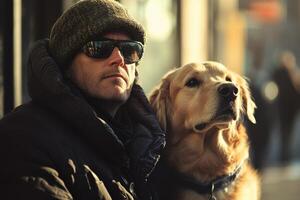 Man in winter coat and hat sits with a golden retriever dog outdoors in a city setting with soft sunlight and shallow depth of field photo