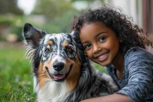 Young girl with curly hair smiling, lying down in the grass with her australian shepherd dog in natural light outside. photo
